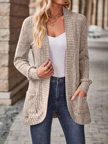 Cardigan Sweaters For Women Fall Open Front Long Sleeve Loose Lightweight Knit Sweater Coat With Pockets - 卡其色 - 查看 2