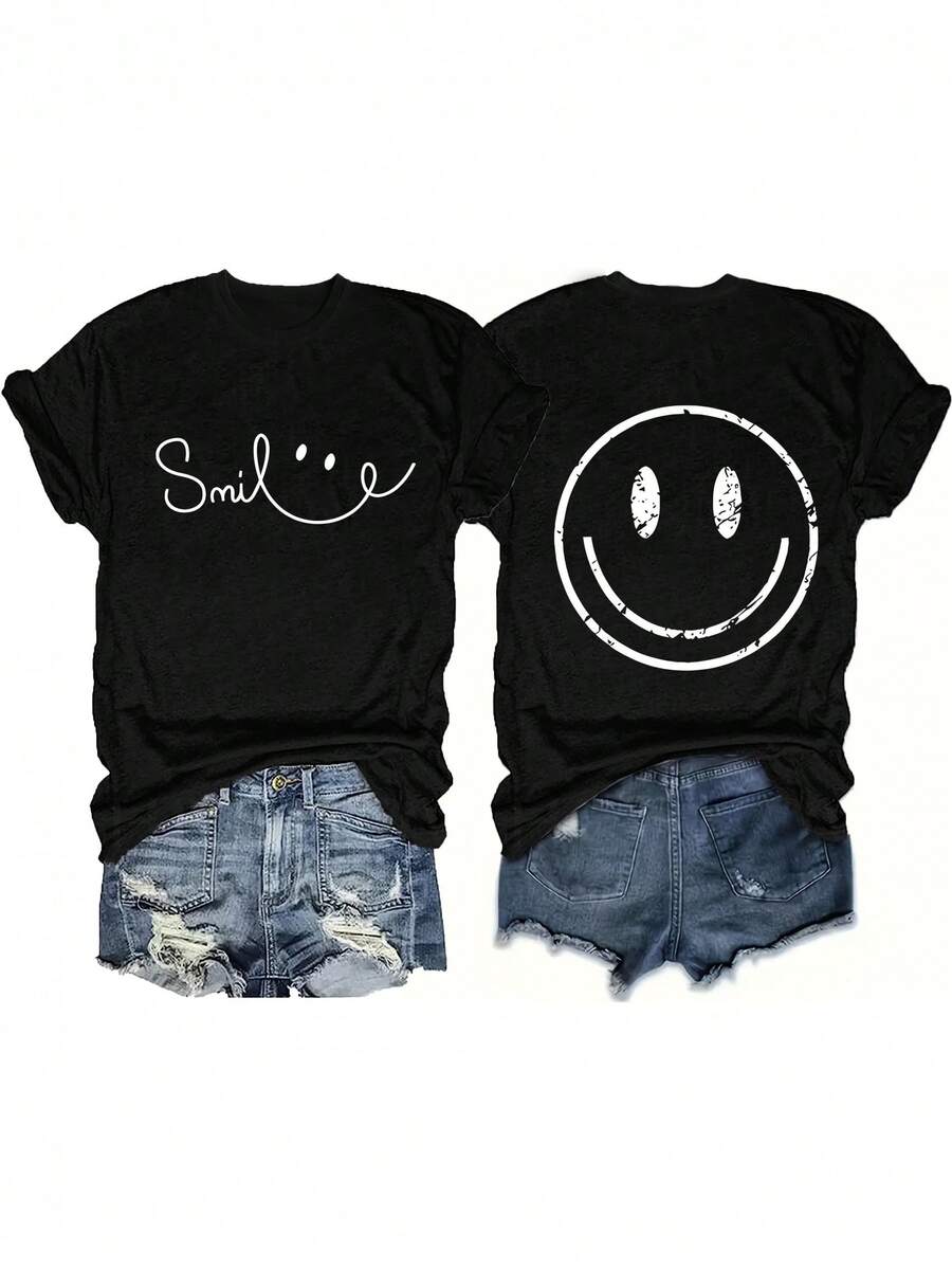 1pc Smile Print T-Shirt, Short Sleeve Crew Neck Casual Top For Summer & Spring, Women's Clothing Graphic Tee Shirts - 黑色 - 查看 1