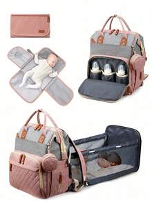 1pc Baby Diaper Bag Backpack With Changing Station, Multifunction Portable Waterproof Large Capacity Travel Baby Changing Bags, Baby Stuff Organizer , Baby Registry Search, Baby Diaper Bags For Boys & Girls, Baby Shower Gifts, Newborn Baby Essential Gifts - Pink Gray - View 1