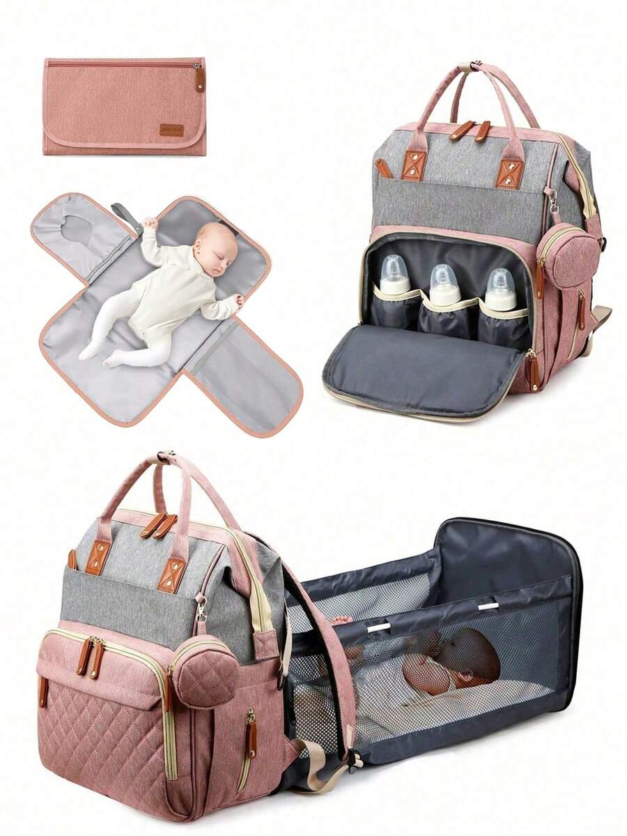 1pc Baby Diaper Bag Backpack With Changing Station, Multifunction Portable Waterproof Large Capacity Travel Baby Changing Bags, Baby Stuff Organizer , Baby Registry Search, Baby Diaper Bags For Boys & Girls, Baby Shower Gifts, Newborn Baby Essential Gifts - Pink Gray - View 1
