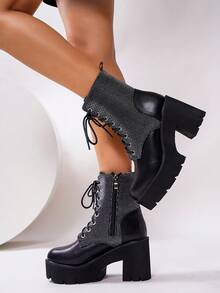 女士经典休闲度假简约坡跟厚底踝靴，秋冬款 - 黑色 - 查看 16