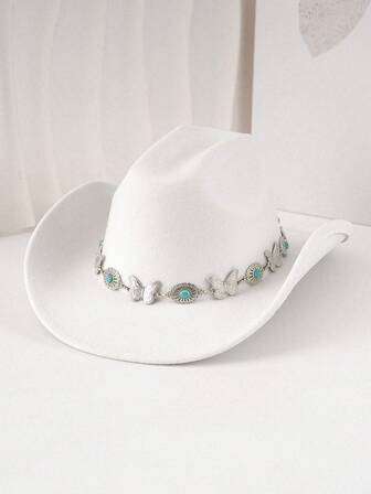 1顶独特优雅的牛仔帽，饰有绿松石串珠链，波西米亚复古牛仔帽，时尚单身女士的别致牛仔帽，新款复古创意趣味宽檐帽，色彩鲜艳活力，优雅高贵，时尚优雅，适合西部主题活动、派对、订婚、角色扮演、毕业典礼、化装舞会、节日、婚礼、生日、音乐节等场合。