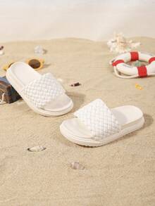 儿童时尚拖鞋，新款夏季加厚编织软底设计，时尚舒适平底拖鞋，男女通用 - 米色 - 查看 1