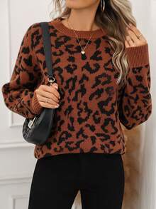 Women's Casual Everyday Leopard Print Crew Neck Long Sleeve Sweater - Leopard Print - View 6