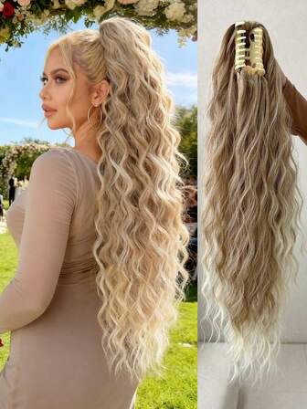 Ombre Colored Claw Ponytail Extension Hårtillbehör 28 Inches Long Natural Water Wave Värmebeständig fiber syntetisk hästsvans peruk, lämplig för kvinnors dagliga användning