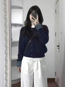 1 Áo len cardigan dệt kim 2 trong 1 dành cho nữ, dáng rộng thoải mái, màu xanh navy - Màu xanh hải quân - Xem 2