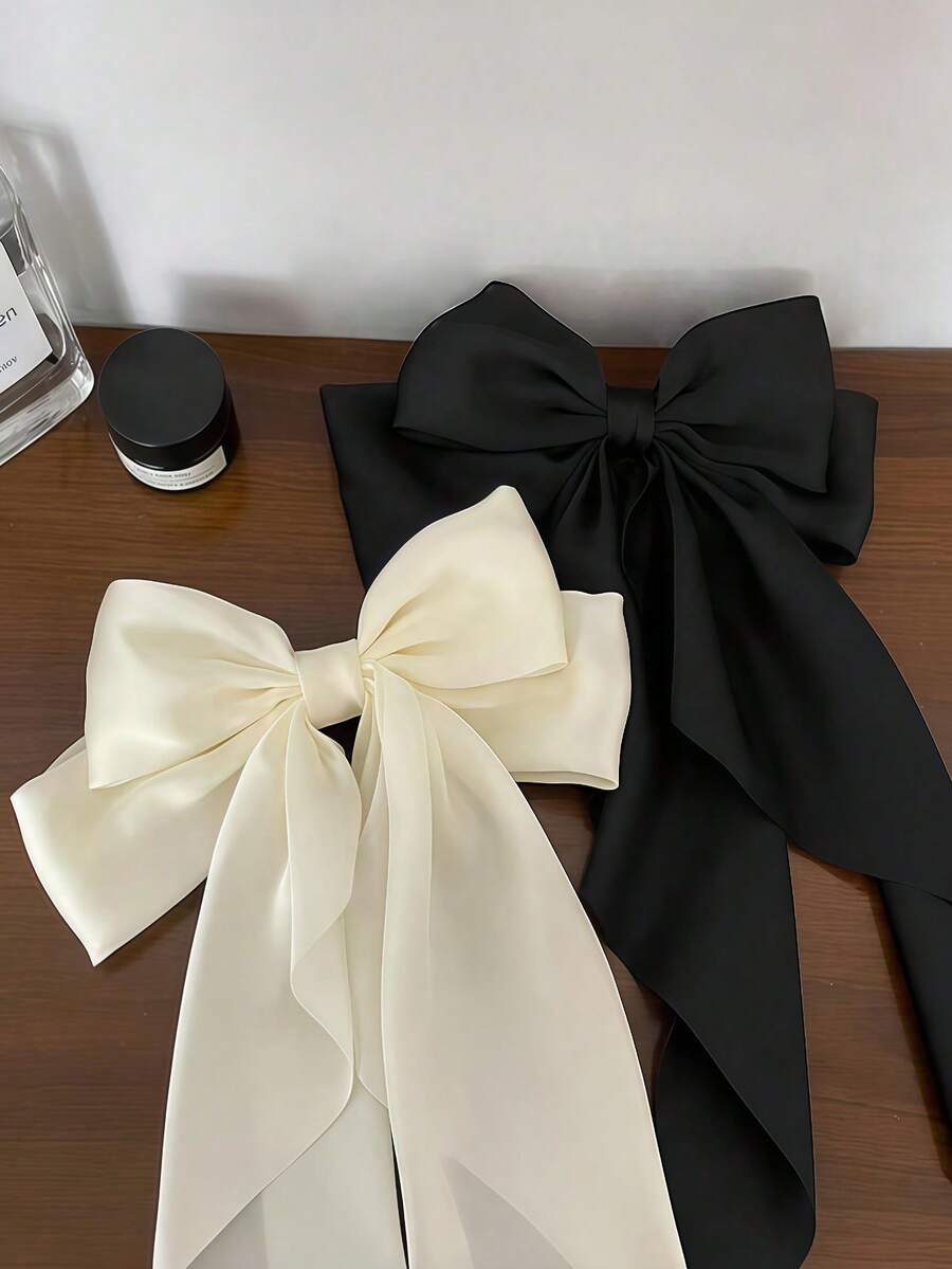 2pcs/Set Black & White Satin Oversized Bow Hair Clips, Large Size With Flowing Ribbons - Suitable For Girls And Women, Fits Various Hairstyles, Ponytail And Bun, Great For Back To School, Halloween Events And Daily Wear, Halloween Accessories, Fall, Festival, Rave Accessories, Claw Clips, Hair Claws, Hair Slide, Hair Barrettes, Fall Fashion, Autumn, Winter Outfit For Women, Bows, Cute, Hair Accessories - Multicolor - View 1