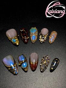 10片装纯手工美甲压模，25mm杏仁形美甲，法式美甲，立体造型胶水，眼镜粉工艺，多色搭配，可爱时尚，百搭，适合女性佩戴，适合各种场合，美甲用品 - 彩色 - 查看 1