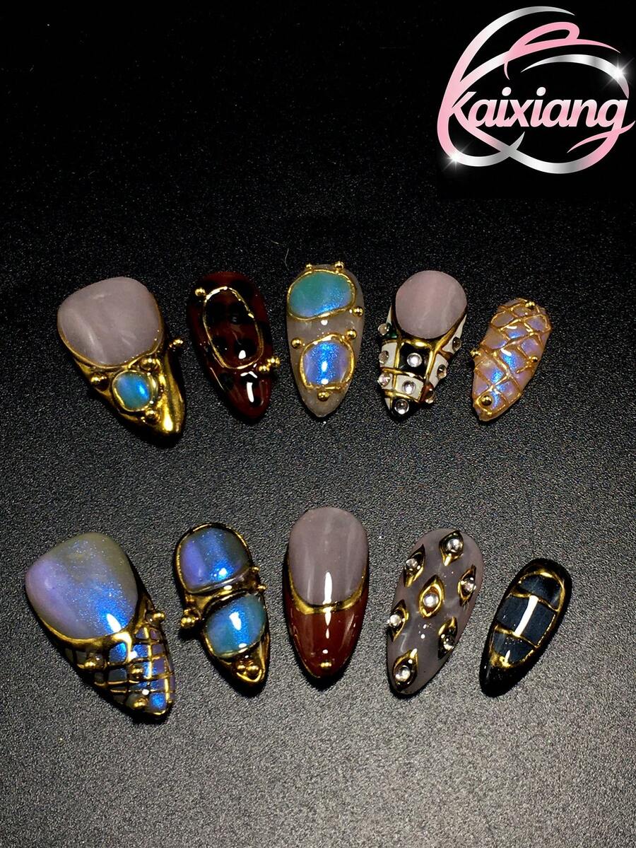 10片装纯手工美甲压模，25mm杏仁形美甲，法式美甲，立体造型胶水，眼镜粉工艺，多色搭配，可爱时尚，百搭，适合女性佩戴，适合各种场合，美甲用品 - 彩色 - 查看 1