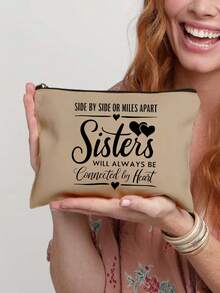 印有“无论相隔千里，姐妹情深”字样的化妆包，简约时尚字母图案印花收纳袋，便携多功能化妆包，小物件收纳袋，洗漱包，手拿包，轻便可折叠收纳袋，适合旅行、日常使用，旅行必备，宿舍必备。 - 彩色 - 查看 13