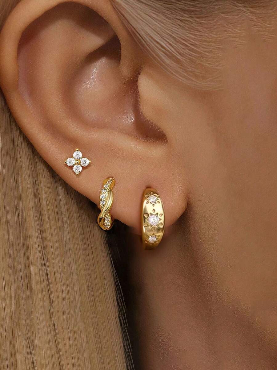 3pcs/Set Delicate 14K Gold Plated Cubic Zirconia Sunflower Stud Earrings Set, Low Allergy Flower Earrings, Stackable Cartilage Earrings, Gift For Women, Suitable For Single Side Wear - 3pcs Set - View 1