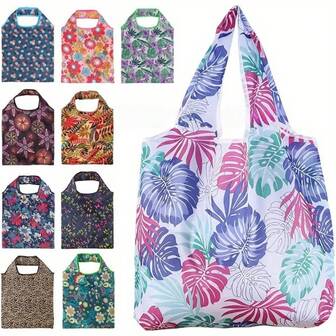 色彩缤纷的花卉图案可重复使用购物袋，可折叠耐用的涤纶购物袋，饰有鲜艳的花卉图案，高品质购物袋，适用于日常购物和日常使用。