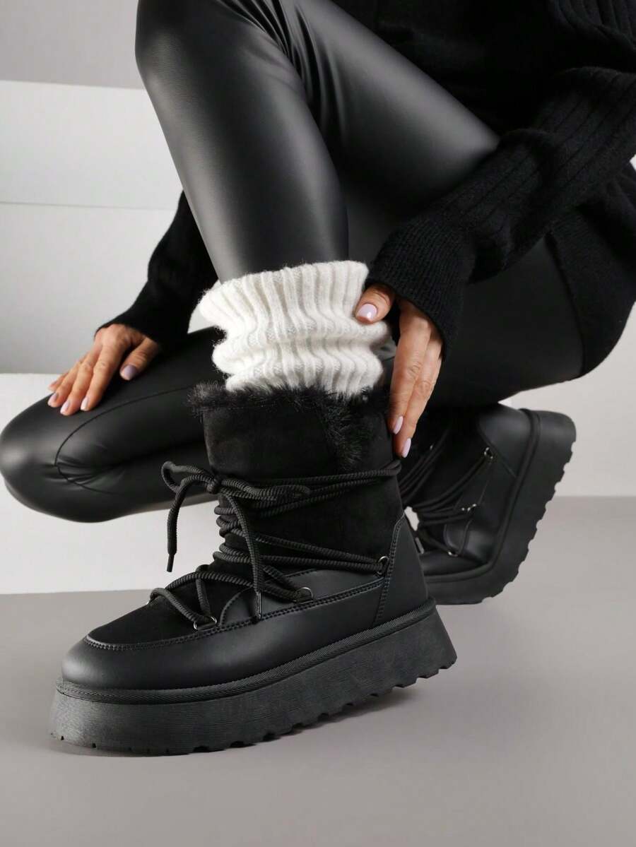 Thick Sole Snow Boots With Fur For Daily Wear - Black - View 1