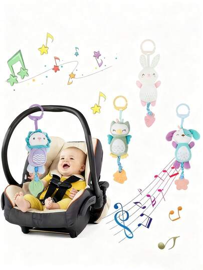 婴儿推车风铃毛绒摇铃玩偶，适用于汽车座椅，颜色随机