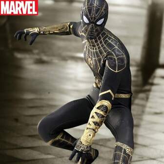  1 st MARVEL Spider-Man poserbar actionfigur - Samlarfigur med superhjälte och ledad pose, svart och guldfärgad kostym, nätmönster och ikonisk mask - Flerleds poserbar figur, perfekt present till serietidningsfans, detaljerad design, mångsidiga poser, lämplig som bildekor eller julklappar
