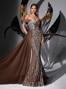 Elegant Sequin & Beaded Off-Shoulder High Slit Fishtail Evening Dress Wedding Spring Party - Coffee Brown - View 5