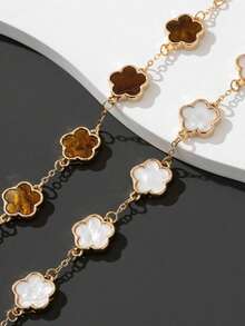 2pcs Elegant Versatile Beige & White 5-Petal Flower & Clover Charm Chain Bracelets For Women - Multicolor - View 3