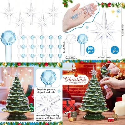 100 Pcs Ceramic Christmas Tree Bulbs With 5 Pcs Star Topper Light Ornaments Round And Heptagram Christmas Replacement Lights Bulbs For Village Xmas Tree Topper Decorations Blue And Clear