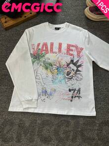 EMCGICC VALLEY Y2k Long Sleeve Shirt, Urban Art Punk Graphic T-Shirt Cotton 250g, Preppy Lettering Fashion Hip Hop Men's Long Sleeve T-Shirt, Fun Vintage Shirt, Regular Fit, Motocore Street Style, Digital Print, Ideal Gift - 白色 - 查看 1