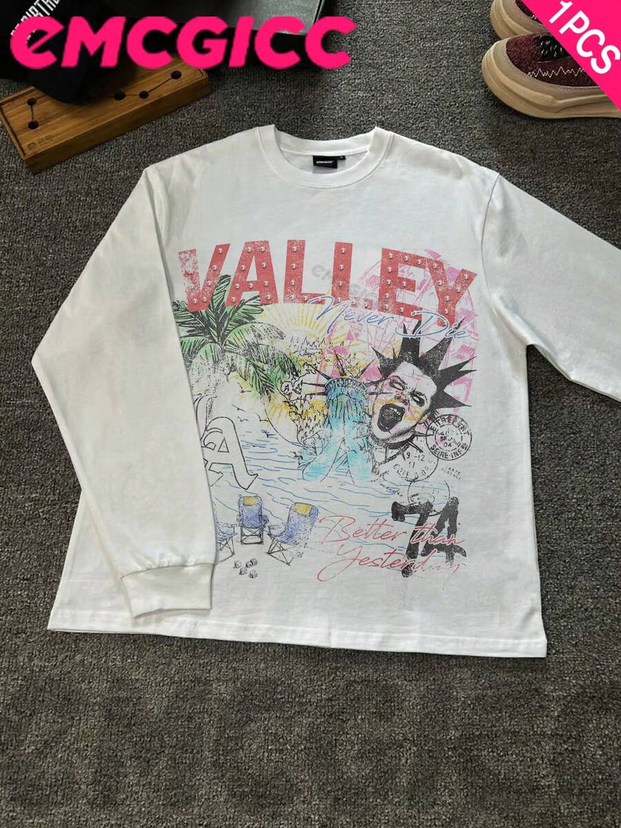 EMCGICC VALLEY Y2k Long Sleeve Shirt, Urban Art Punk Graphic T-Shirt Cotton 250g, Preppy Lettering Fashion Hip Hop Men's Long Sleeve T-Shirt, Fun Vintage Shirt, Regular Fit, Motocore Street Style, Digital Print, Ideal Gift - 白色 - 查看 1