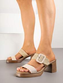 Women's Soft Texture Buckle Detail Platform Sandals - Casual Summer - Beige - View 2
