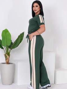 Women's Casual Set, Pants, Top With Side Stripe, Elegant Color Block, Casual, Elegant, Side Stripe, Pocket, Button, Beach, Evening, Holiday - 軍綠色 - 查看 5