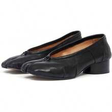 KOKOMOMO Black Split Toe Ballet Heels For Women Japanese Tabi Shoes Cylindrical Low Heels Pumps Chunky Block Heel Office Wedding Party Dress Shoes 12 INCHChristmas - 黑色皺紋 - 查看 12