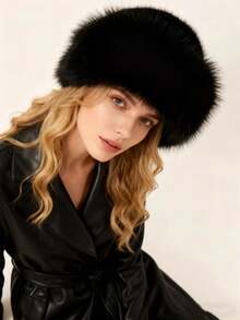 1 件优雅纯色柔软羊毛拼接蓬松饰边保暖防风冬帽，毛绒仿狐狸捕手帽带护耳，秋冬帽冬季服装 - A - 查看 15