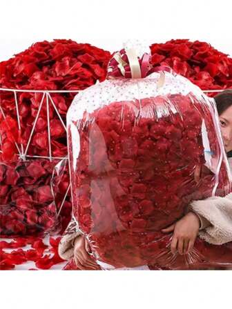 1000片人造仿真玫瑰花瓣，红色彩色仿真丝绸玫瑰花瓣，适用于情人节、婚礼派对、浪漫装饰