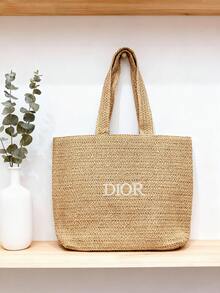 Dior 夏季草编购物袋，米白色经典款，2026春夏新款。旅行必备。化妆包，法式慵懒风 - 金色 - 查看 1