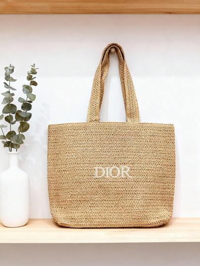 Dior กระเป๋าช้อปปิ้งสานฟาง, สีขาวน้ำนมคลาสสิก, กระเป๋าเครื่องสำอาง, สไตล์ฝรั่งเศสลำลอง