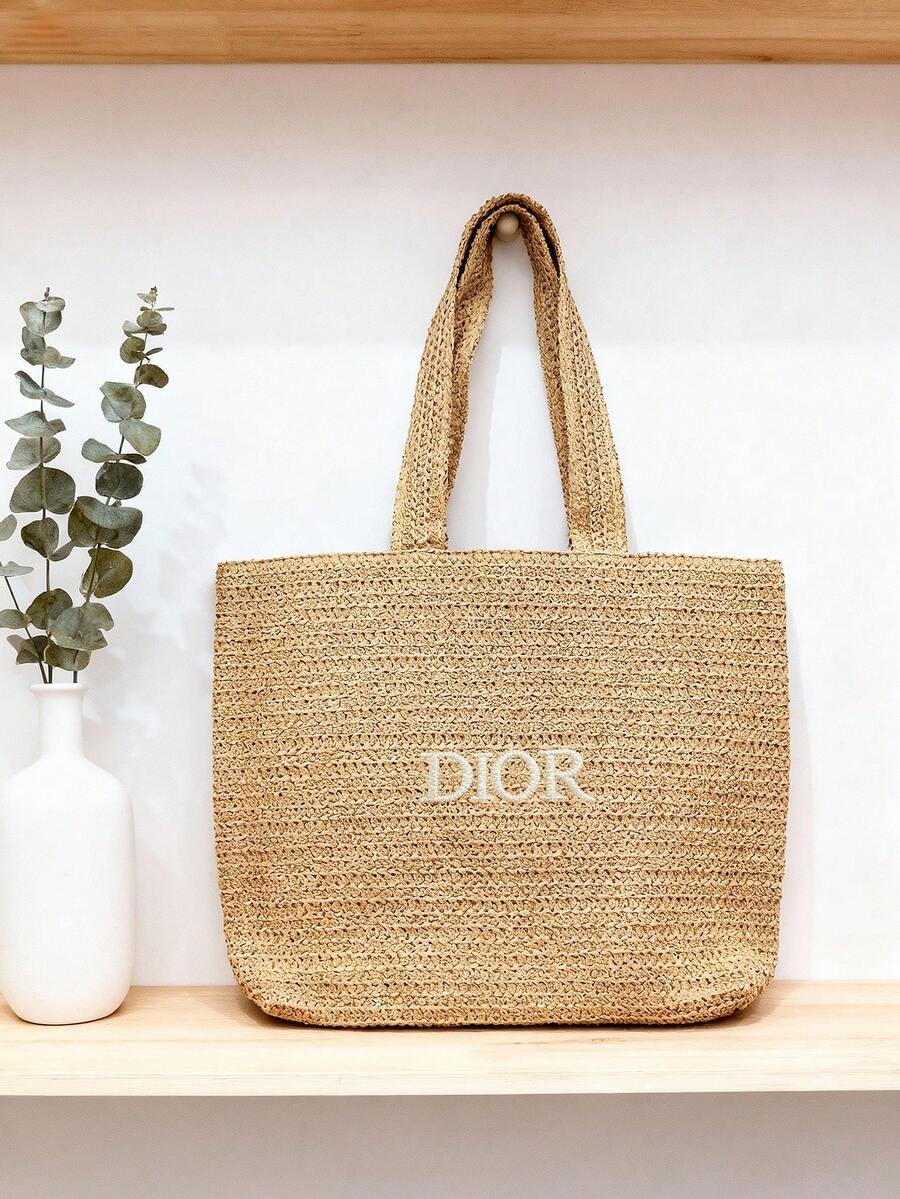 Dior 夏季草编购物袋，米白色经典款，2026春夏新款。旅行必备。化妆包，法式慵懒风 - 金色 - 查看 1