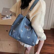 Bolso de hombro vaquero con lazo para mujer, moderno bolso de lona con cremallera para viajes diarios. - Azul - Ver 3