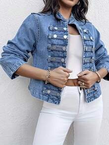 Women's Large-Sized Washed Blue Short-Sleeved Denim Jacket With A Stand-Up Collar, Double Row Metal Buttons, Slim Fit, Versatile And Retro Casual Style. Women's Large-Sized Denim Jacket. - Navy Blue - View 4