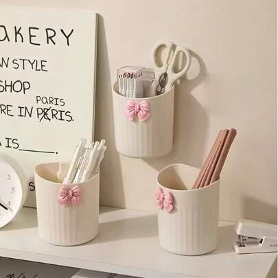 1/2/3PCS Wall-Mounted Storage Boxes, Decorated With Bows, Made Of Lightweight Plastic, Suitable For Storing Makeup Brushes, Toothbrushes, And Small Cosmetic Items - No Drilling Required, Suitable For Dressing Tables, Desks, And Bathrooms. Bathroom Storage | Decorative Storage.