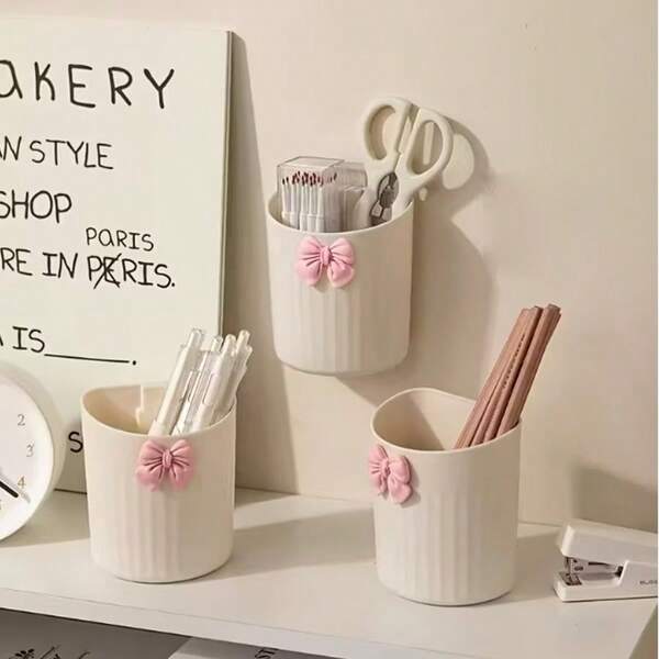 1/2/3PCS Wall-Mounted Storage Boxes, Decorated With Bows, Made Of Lightweight Plastic, Suitable For Storing Makeup Brushes, Toothbrushes, And Small Cosmetic Items - No Drilling Required, Suitable For Dressing Tables, Desks, And Bathrooms. Bathroom Storage | Decorative Storage.