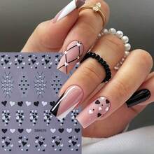 4 Sheets 3D Valentine's Day Minimalist Black & White Heart Star Nail Art Stickers -Black/White Hearts, Stars, Polka Dots, Striped Lines & Intricate Heart Design Nail Art Decals For Women DIY Nail Decoration - Black and White - View 3