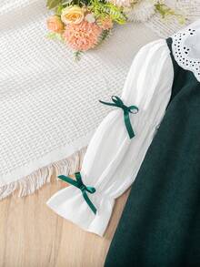 BASUSARRI 女童蕾丝彼得潘领长袖蝴蝶结纽扣直筒连衣裙，舒适时尚圣诞绿色灯芯绒连衣裙，适合外出 - 綠色 - 查看 4