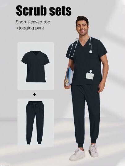 Men's Short Sleeve Top And Pants Set, Nurse/Doctor/Veterinary Uniform
