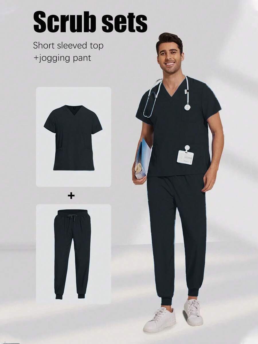 Men's Short Sleeve Top And Pants Set, Nurse/Doctor/Veterinary Uniform - Black - View 1