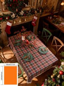 1pc Vintage American Country Style Green Plaid Woven Tablecloth With Tassel Design, Thick And Durable, Suitable For Kitchen, Daily Use, Holidays, Family Gatherings, Christmas Parties, Weddings, Dining Table Decor - Coffee Brown - View 10