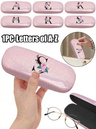 1个Y2K风格闪光星星眼镜盒，牡丹黑色字母A-Z图案，配三用螺丝刀，新颖、时尚、简约设计，方便携带，具有防水防尘功能（小巧，塑料材质）。