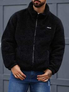 Men's Zip-Up Collar Letter Print Windbreaker Jacket/Outdoor Windproof Jacket/Parka Coat/Winter Jacket, Suitable For Casual Wear In Autumn/Winter, Street Style Zip-Up Jacket - Black - View 2