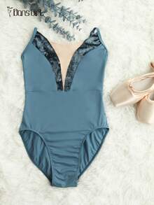 DonsGirl 女士芭蕾舞紧身衣 - 天鹅绒拼接V领高开衩设计，专业体操和花样滑冰表演服 - 藍色 - 查看 10