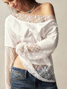 Womens Lace Splicing Mesh Top Long Sleeve One Shoulder Solid Color Lace Trim Vintage Shirt Stylish Chic Boho Party Club Top Blouse  For Vacation Outfits Holiday Outfits Going Out Outftis - trắng - Xem 2