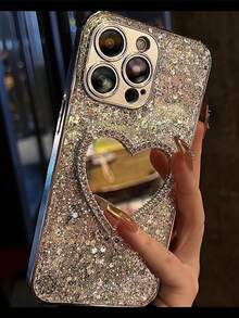 奢华闪亮银色亮片手机壳，带心形镜面，兼容 17 Pro Max/17 Pro/17 Air/17/16 Pro Max/16 Pro/16/16 Plus/15/15 Pro Max/15 Pro/15 Plus/11/12/13/14 Pro Max/11 Pro/11 Pro Max/12 Pro/12 Pro Max/13 Pro/13 Pro Max/14 Pro/14 Pro Max，全方位保护，简约创意心形设计，亚克力材质 - 銀色+愛心鏡子 - 查看 3