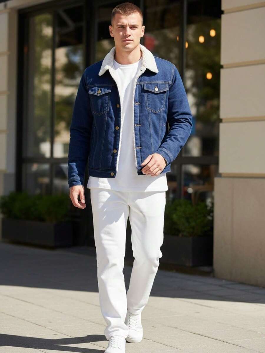 Chamarra Con forro de borrega pecho y espalda y manga de mezclilla - Azul Marino - Ver 1