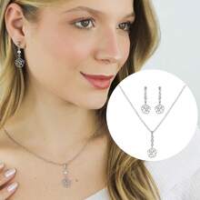 Rose Flower Necklace And Earring Set With Cubic Zirconia - Women's Stainless Steel - Bạc - Xem 7