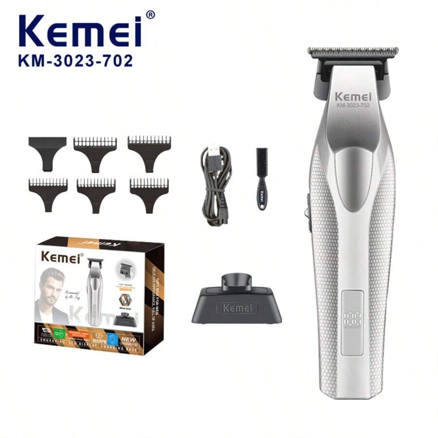 Kemei KM-3023-702 Men's Hair Clipper, Professional Home Haircutting Kit With DLC Coated Blades And Charging Base, 9000RPM Motor, Long-Lasting Cordless Use, Precise Trimming