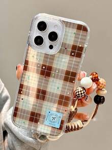 Y2K Retro Colorblock Plaid Glitter Phone Case, Compatible With IPhone 17 Pro Max, 17 Pro, 15, 16 Pro Max, 17 Air, 14 Plus, 13, 12 Pro, 11, Semi-Transparent Glitter Star Pattern, Soft Back Cover With Beaded Lanyard, Autumn/Winter - 格紋 - 查看 5
